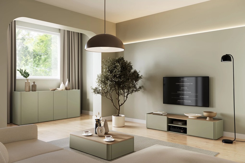 Komoda Elivo 200 cm štvordverová - eukalyptus / dub baltic dune