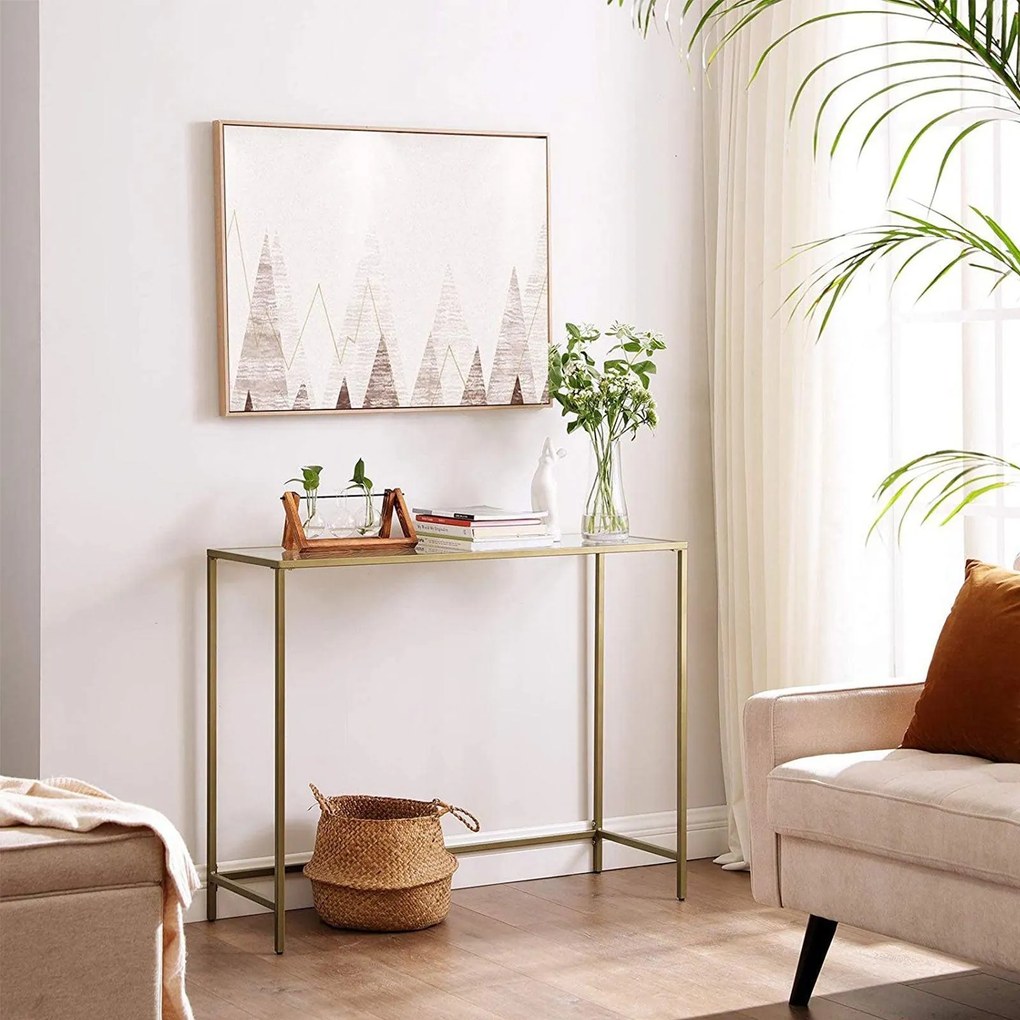 Moderný konzolový stolík sklenený, zlatá farba