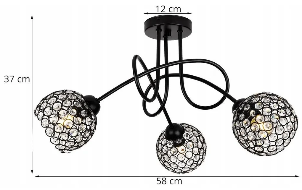 Stropné svietidlo Crystal, 3x čierne krištáľové tienidlo, b