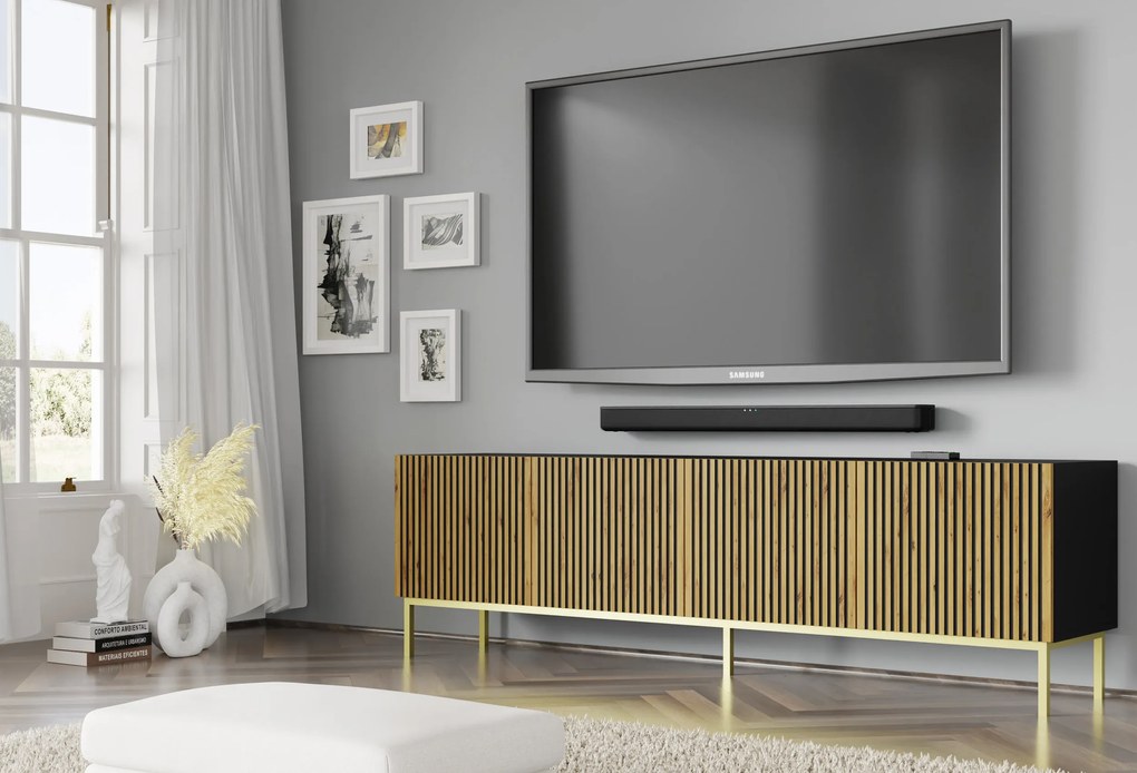 TV skrinka/stolík F 4D 200 Rowanna (dub artisan + čierna + zlatá). Akcia -20%. Vlastná spoľahlivá doprava až k Vám domov. 1125064