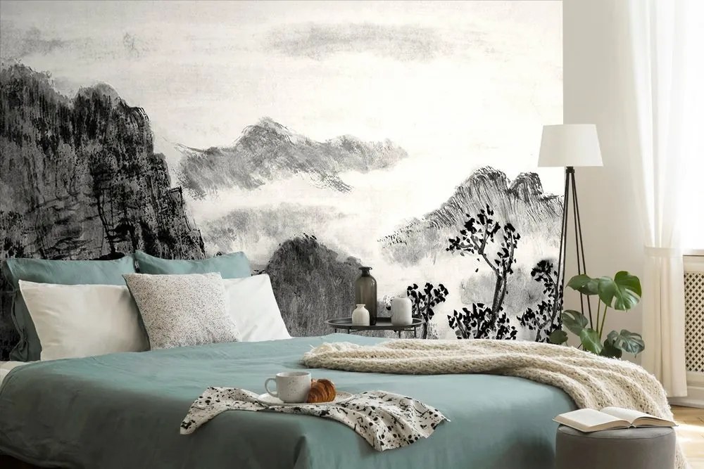 Samolepiaca tapeta čiernobiela čínska maľba krajiny - 300x200
