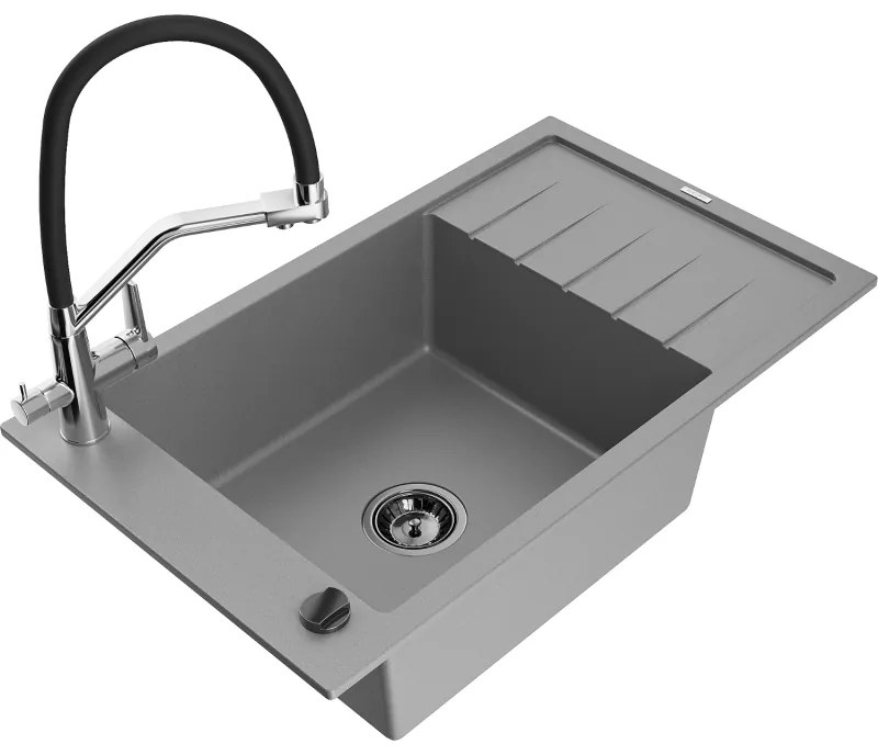 Mexen Elias, 1-komorový granitový drez 795x480x200 mm a drezová batéria Duo, šedá, 6511-71-671701-07-B