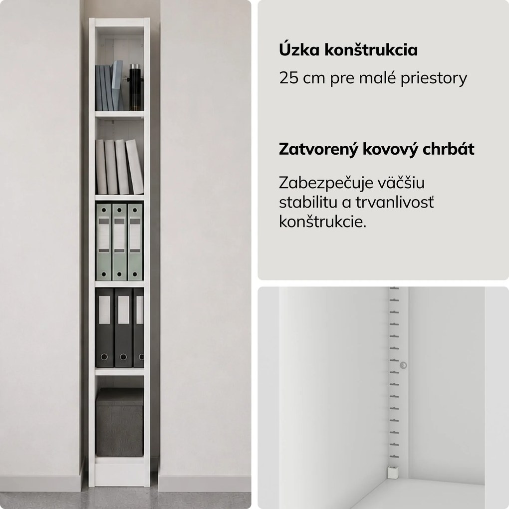 Úzky kovový archivačný regál na dokumenty biely, 250x1850x400 mm: TIM