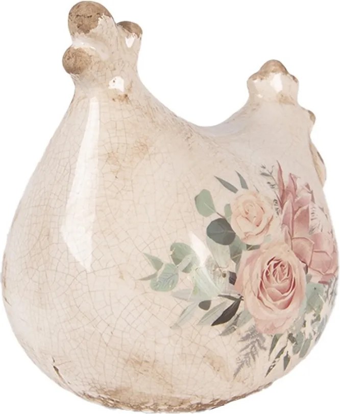 Béžová antik keramická sliepočka s kvetmi Protea Eucalypt - 12*11*13 cm