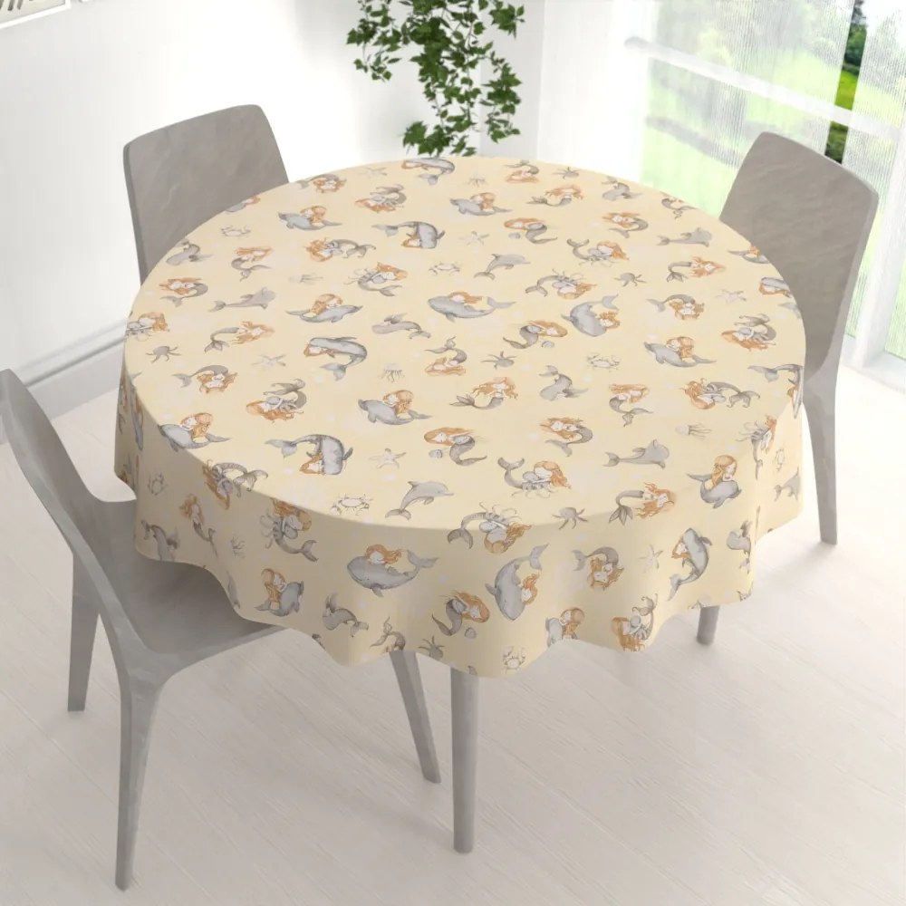 Biante Detský bavlnený okrúhly obrus Sandra SA-670 Sivo-hnedé morské panny s delfínmi na žltobéžovom Ø 70 cm