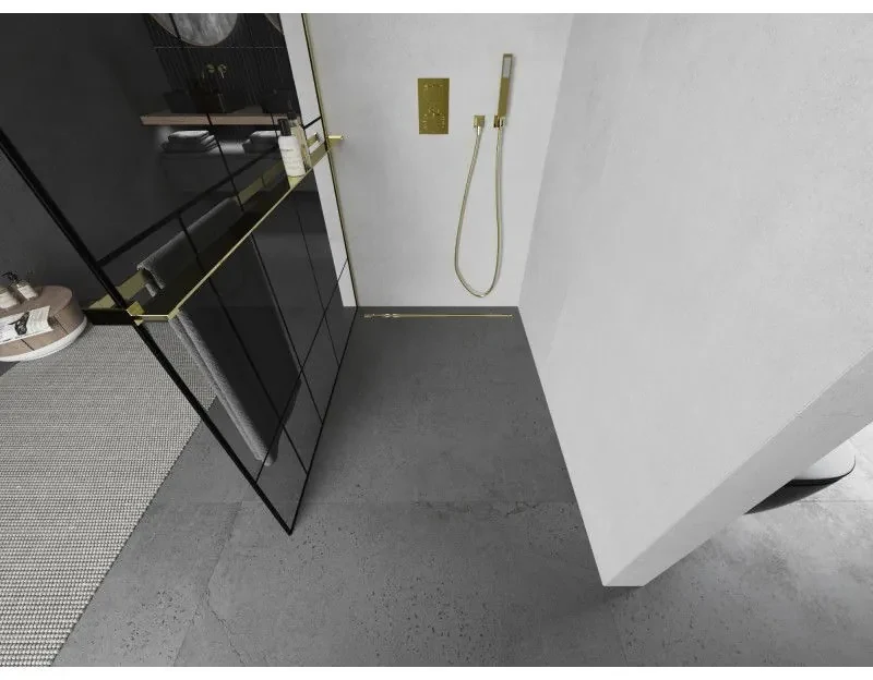 Mexen Kioto+ L, sprchová zástena Walk-In s poličkou a vešiakom 70 x 200 cm, 8mm číre sklo čierny vzor, zlatý lesklý profil,800-070-123-50-78