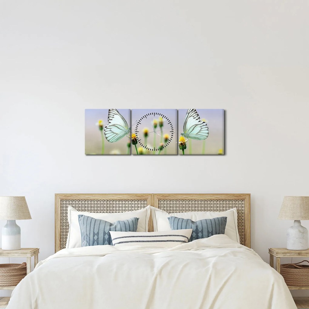 Obraz motýľov na kvetine (s hodinami) (90x30 cm)