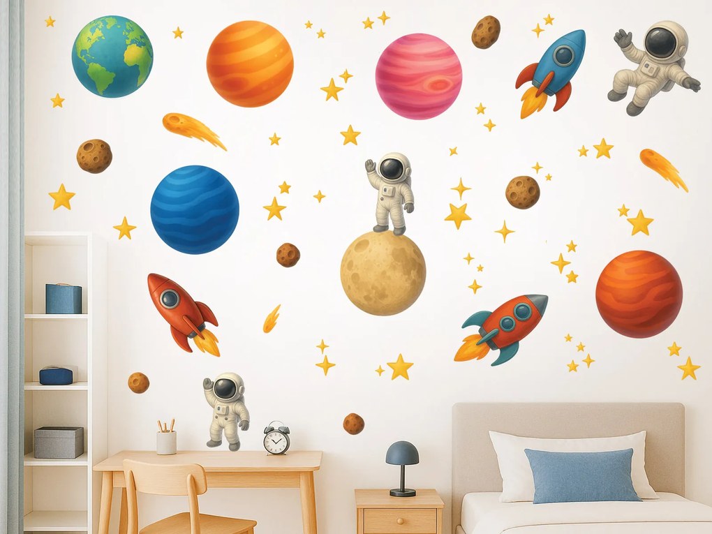 Kozmonauti planéty a rakety textilní prelepiteľné nálepky na stenu hárok 46 x 28 cm