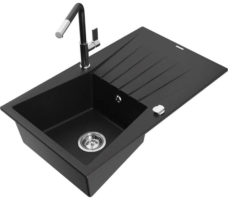Mexen Cesar, 1-komorový granitový drez 775x470x190 mm a drezová batéria Flora, čierna, 6514-77-670401-07