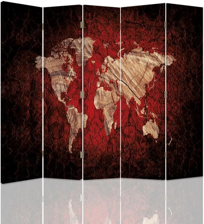 CARO Paraván - Rustic Map Of The World | päťdielny | obojstranný 180x150 cm
