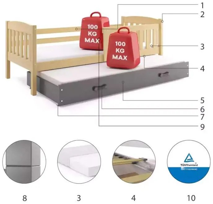 Posteľ s prístelkou KUBO 2 190x90 borovica - grafit