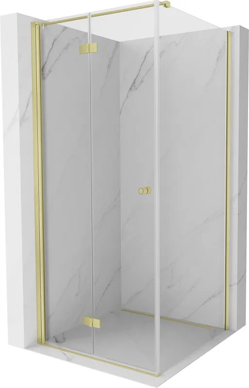 Mexen Mist-F T, 1-krídlový skladací sprchový kút ľavý 85 x 85 cm, číre sklo, zlatý matný profil, 8A6T-085-085-55-00-L