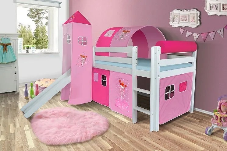 Detská vyvýšená posteľ so šmýkačkou DOMČEK ružový - BIELA