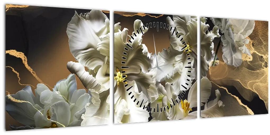 Obraz - Kvety orchideí na mramorovom pozadí (s hodinami) (90x30 cm)