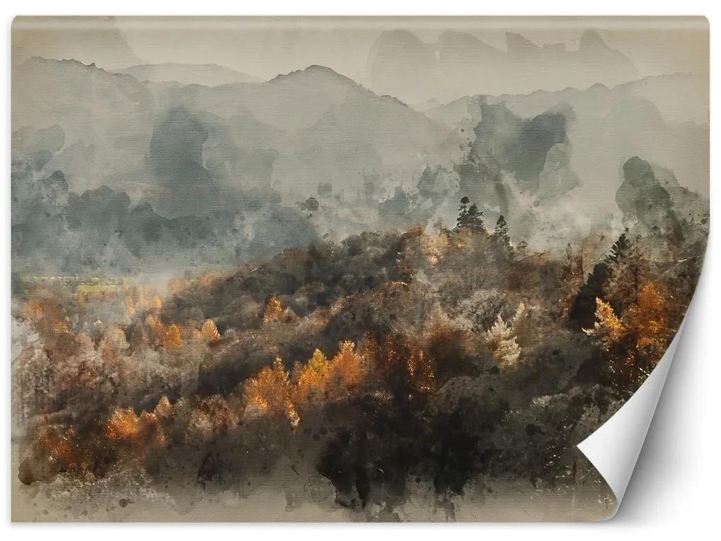 Fototapeta, Podzimní les zahalený v mlze - akvarelová abstrakce - 300x210 cm