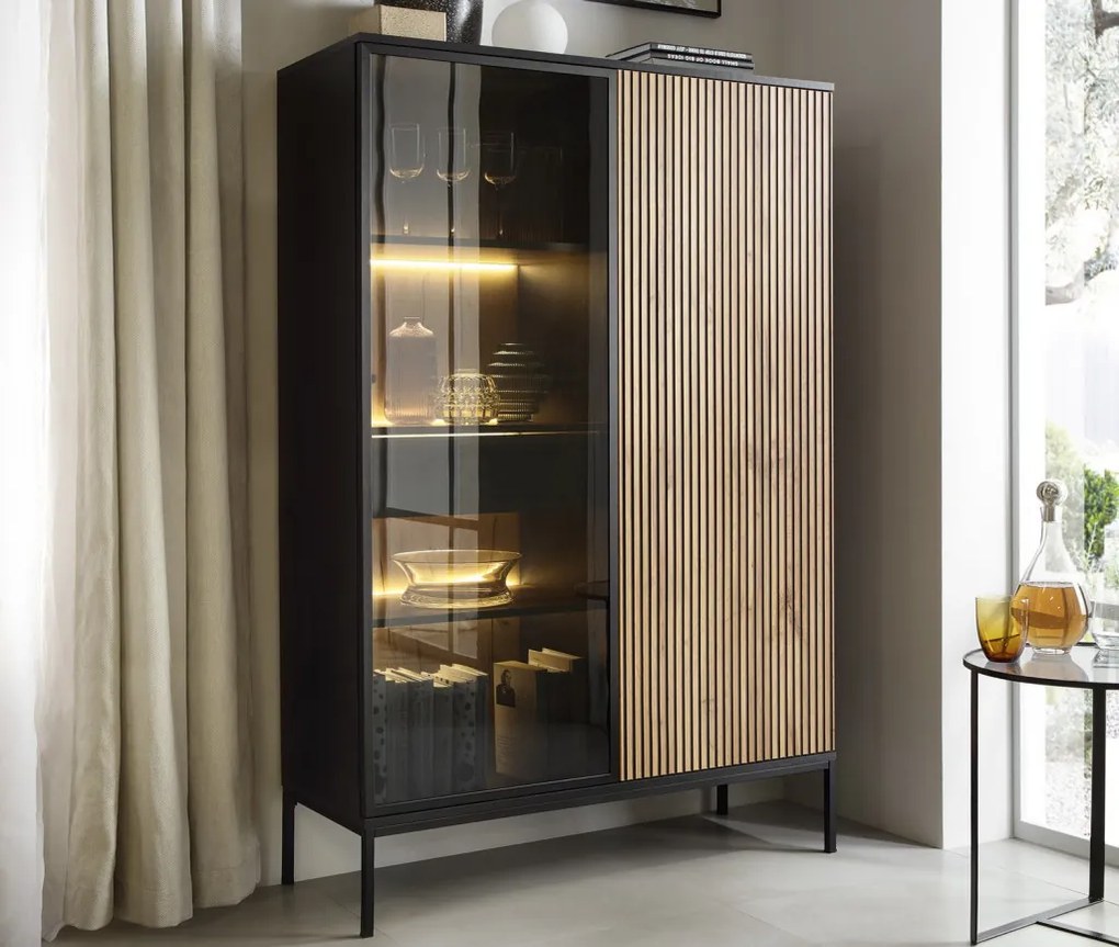 Vitrína Sento, čierna/dub wotan, s osvetlením