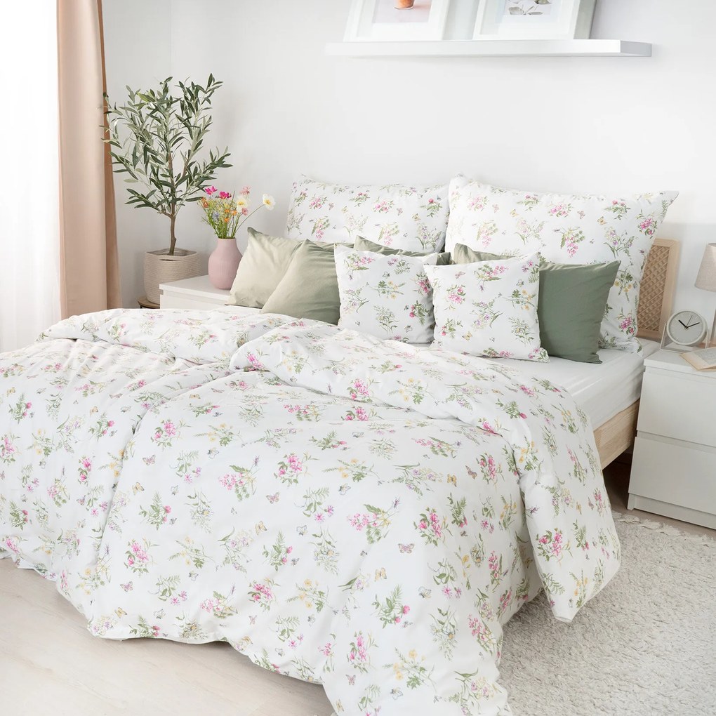 Goldea bavlnené posteľné obliečky - farebné lúčne kvety na bielom 220 x 200 a 2ks 70 x 90 cm