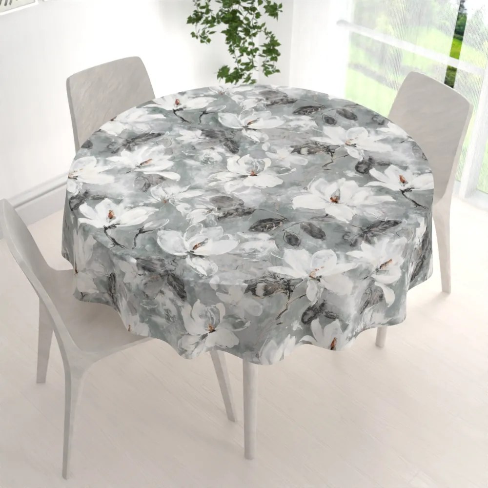 Biante Zamatový okrúhly obrus Tamara TMR-016 Designové kvetiny na sivozelenom Ø 110 cm