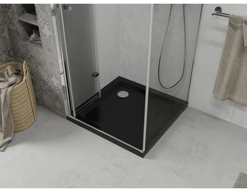 Mexen Lima, sprchový kút so skladacími dverami 80 (dvere) x 80 (stena) cm, 6mm číre sklo, chrómový profil + slim sprchová vanička čierna + chrómový sifón, 856-080-080-01-00-4070