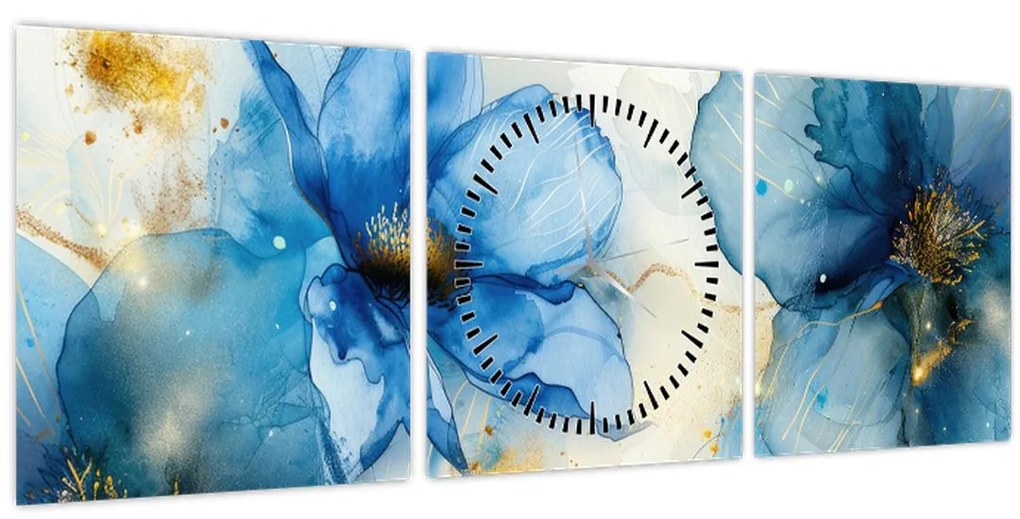 Obraz - Kvetinová, atramentová maľba (s hodinami) (90x30 cm)