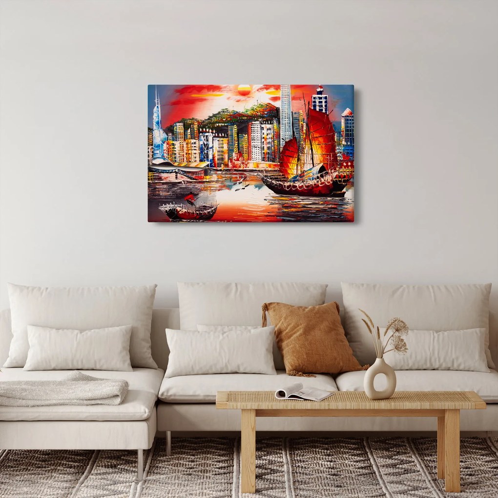 Obrázok - Victoria Harbor, Hong Kong, olejomaľba (90x60 cm)