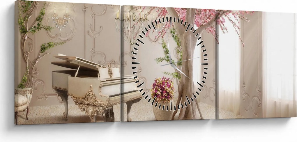 Obraz - Snový interiér s klavírom (s hodinami) (90x30 cm)