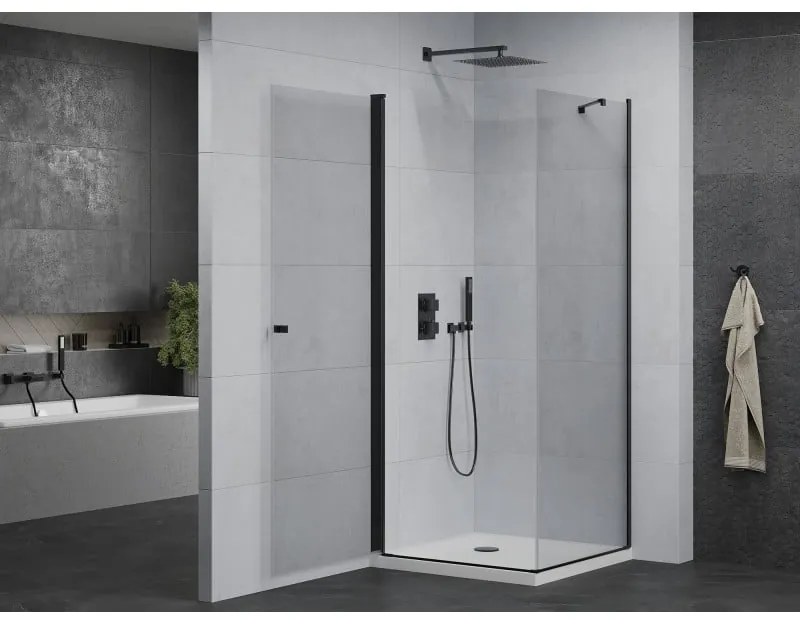 Mexen Pretoria, sprchovací kút 100 (dvere) x 100 (stena) cm, 6mm číre sklo, čierny profil + biela sprchová vanička, 852-100-100-70-00-4010B