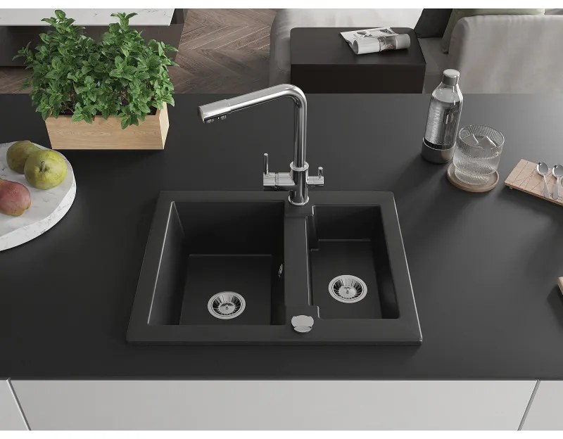Mexen Carlos, 1,5-komorový granitový drez 582x475x177 mm a drezová batéria Duero, čierna, 6518-77-671600-00
