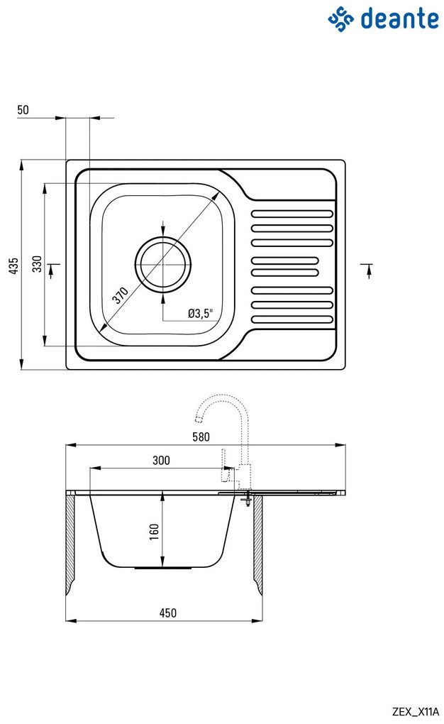 Deante Xylo, nerezový drez na dosku 1-komorový Z/KO 580x435x160 3,5" + sifón, vzor satyna, ZEX_011A