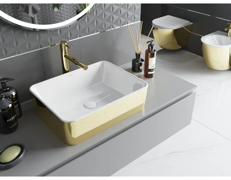 Mexen Catia, umývadlo na dosku 48x37x14 cm, biela lesklá-zlatá, 21314806