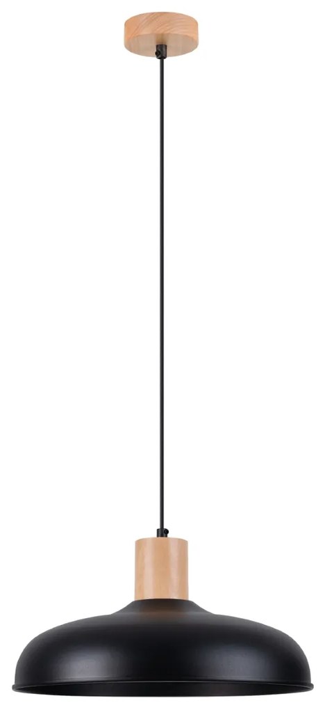 Závesné svietidlo Indy, 1x čierne kovové tienidlo, drevo