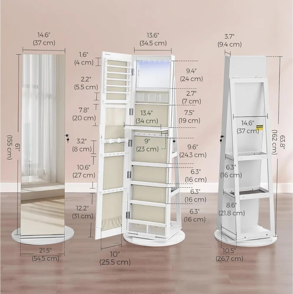 Zrkadlo so stojanom a priestorom na šperky CHANTAL, 54,5x54,5x162cm, biela SongmicsHome