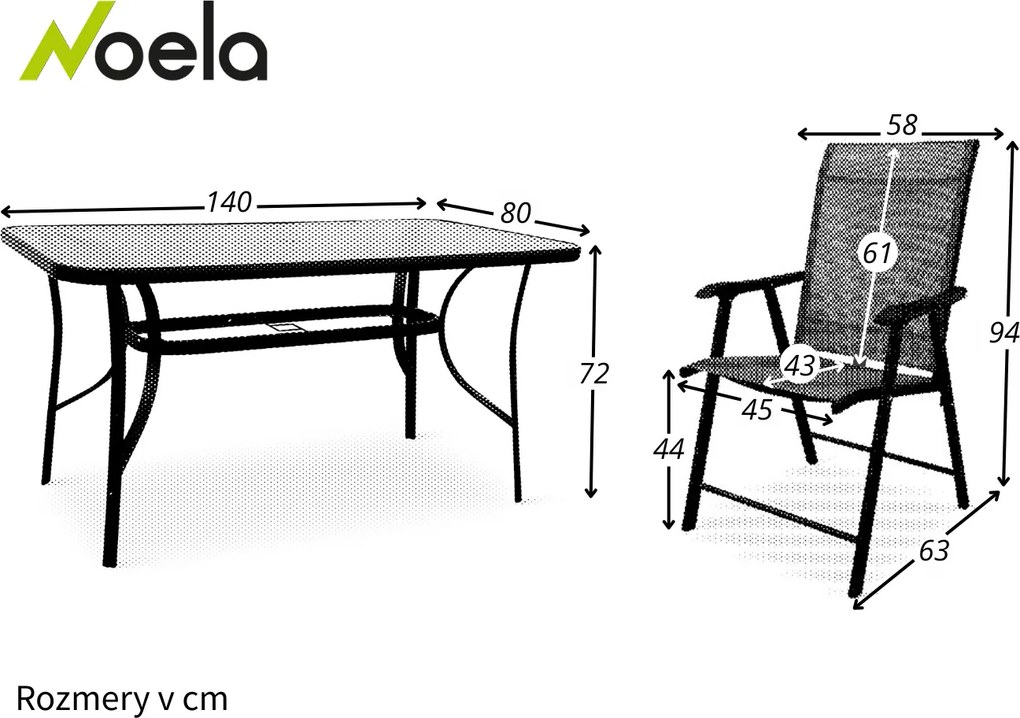 Noela Záhradný jedálenský set Porto 140 cm + 4x kovová stolička Solano