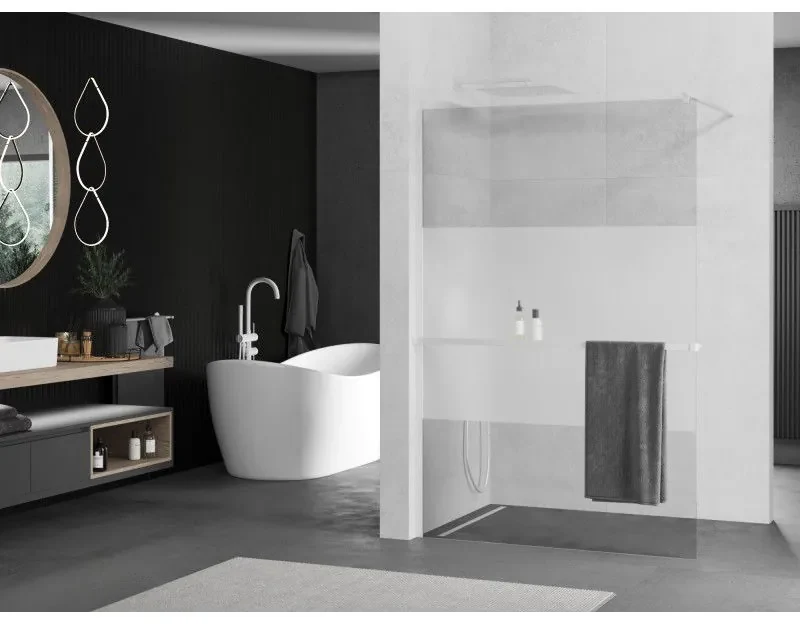 Mexen Kioto+, sprchová zástena Walk-In s poličkou a vešiakom 100 x 200 cm, 8mm číre sklo-námraza, biely profil, 800-100-121-20-35