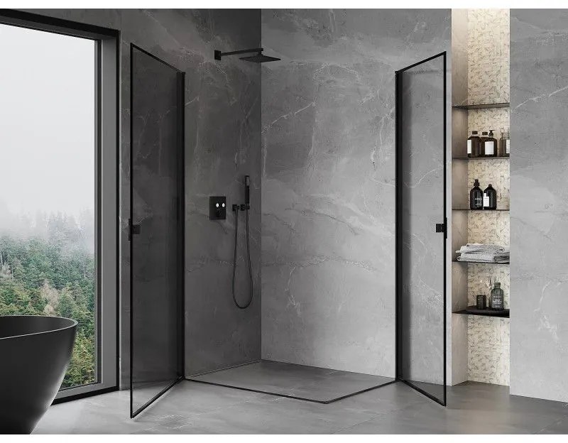 Mexen Mist-B Duo, 2-krídlový výklopný sprchový kút 90 x 70 cm, číre sklo-čierny rám, 8A2-090L-070P-70-70