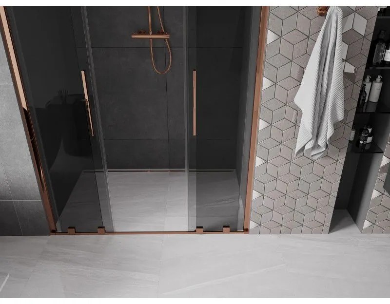 Mexen Velar L Duo, posuvné sprchové dvere do otvoru 150 cm, 8mm šedé sklo, ružové zlato, 871-150-003-42-60