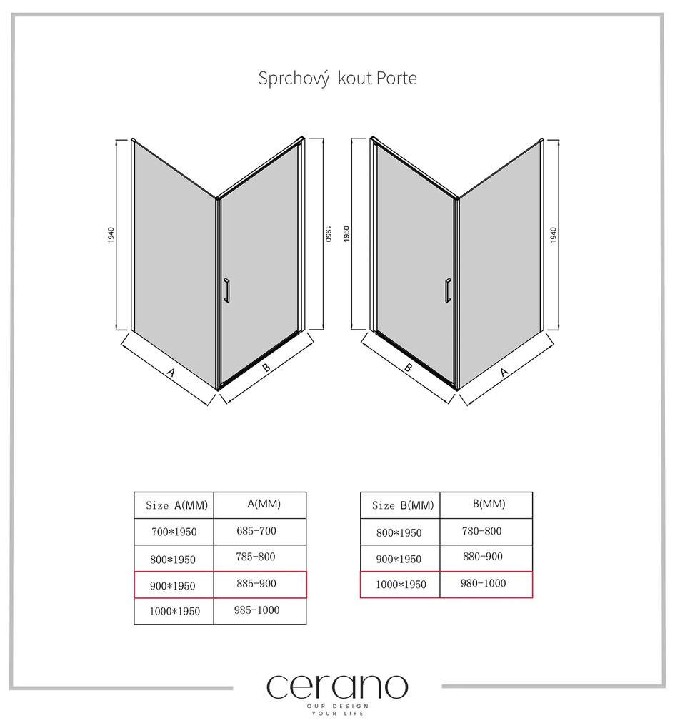 Cerano Porte, 1-krídlový sprchovací kút 100x90 cm, 8mm číre sklo, čierny profil, CER-CER-413591