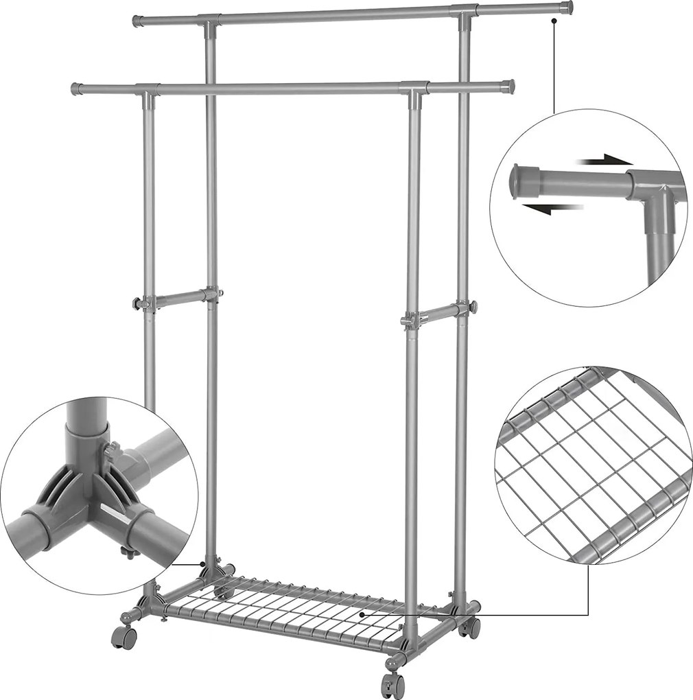 Stojan na oblečenie, s 2 výsuvnými tyčami, sivý
