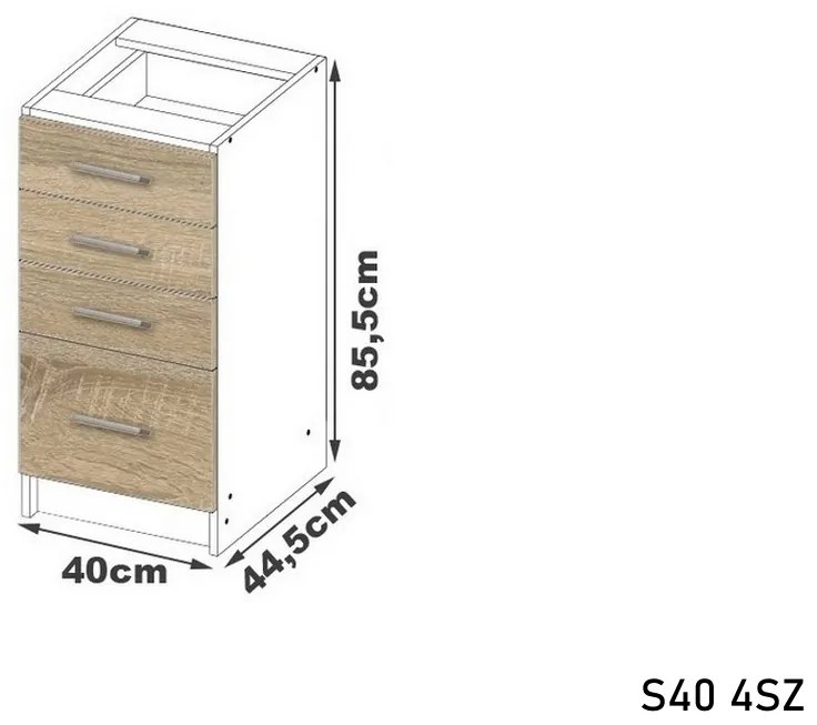Kuchynská skrinka dolná s pracovnou doskou LIMA S40 4SZ, 40x85,5x46, sonoma/biela