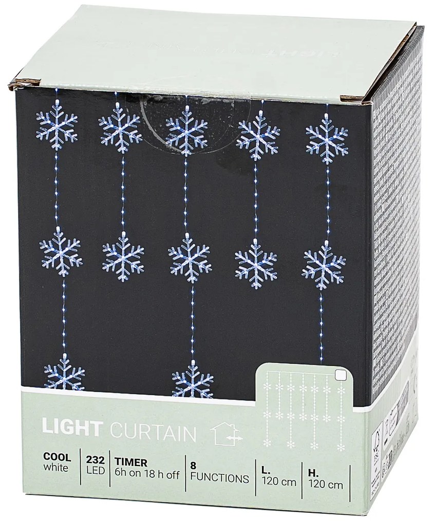 Svetelný vonkajší záves Snowflakes, 120x120cm, LED, studená biela, časovač, 8 funkcií, na batérie, 120 cm
