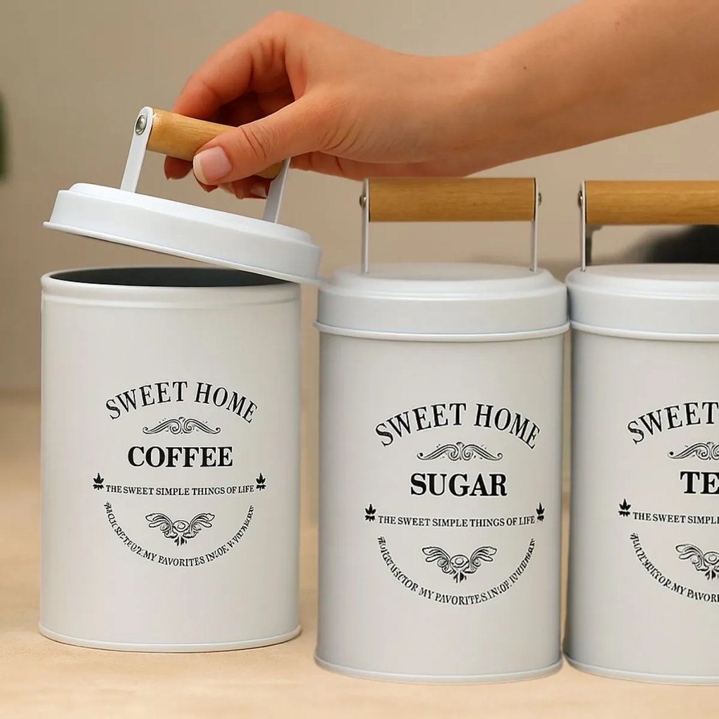 CONFORTIME Súprava 3ks plechových dóz SWEET HOME na čaj, kávu a cukor, viečko s dreveným držadlom