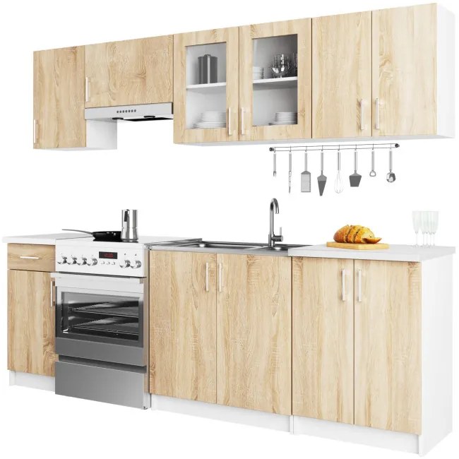 Kuchynská linka LIMA s vitrínou 2.4 m biela / dub sonoma
