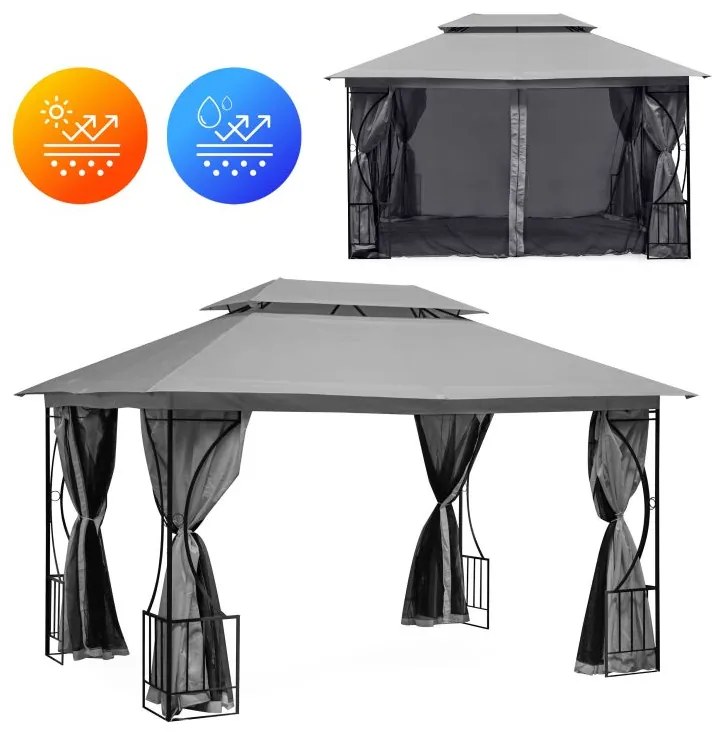 Luxusný záhradný pavilón 4x3x2,8 m - sivý - moskytiéra + plné steny