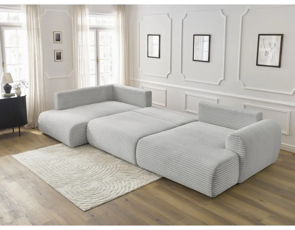 Svetlosivá menčestrová rozkladacia/s úložným priestorom rohová pohovka (ľavý roh/do tvaru "U") Lucien – Bobochic Paris