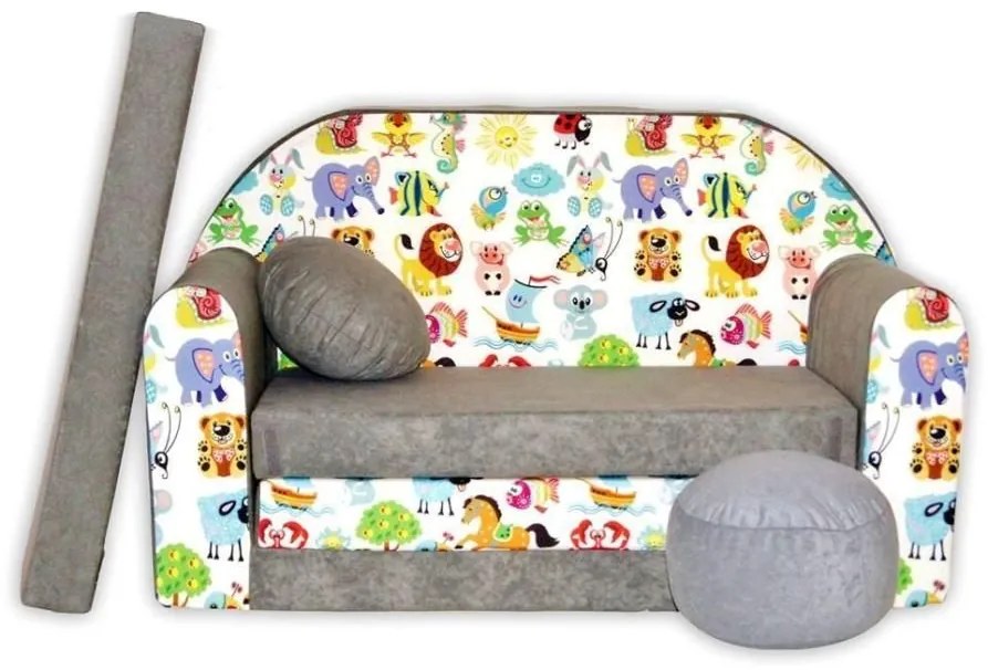 Detská pohovka Veselé zvieratká - šedá