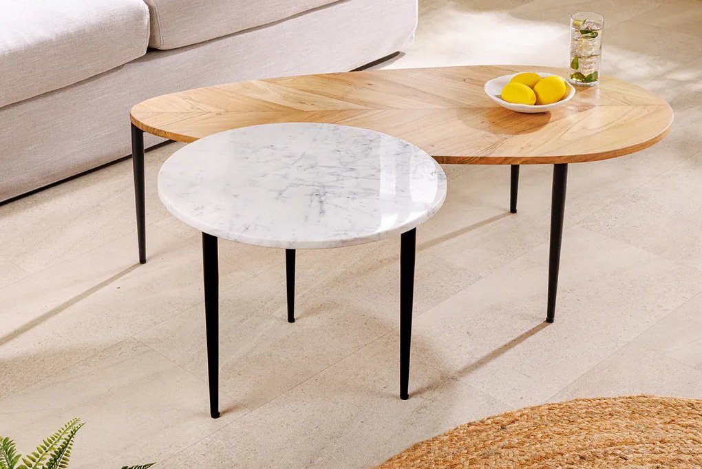 Konferenčný stolík ADLON, sada 2 kusov, akáciové drevo, prírodné a mramorové, biele