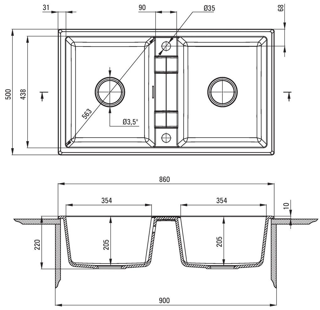 Deante Eridan, granitový drez na dosku 860x500x220 mm B/O, 3,5" + priestorovo úsporný sifón, 2-komorový, šedá, DEA-ZQE_S203