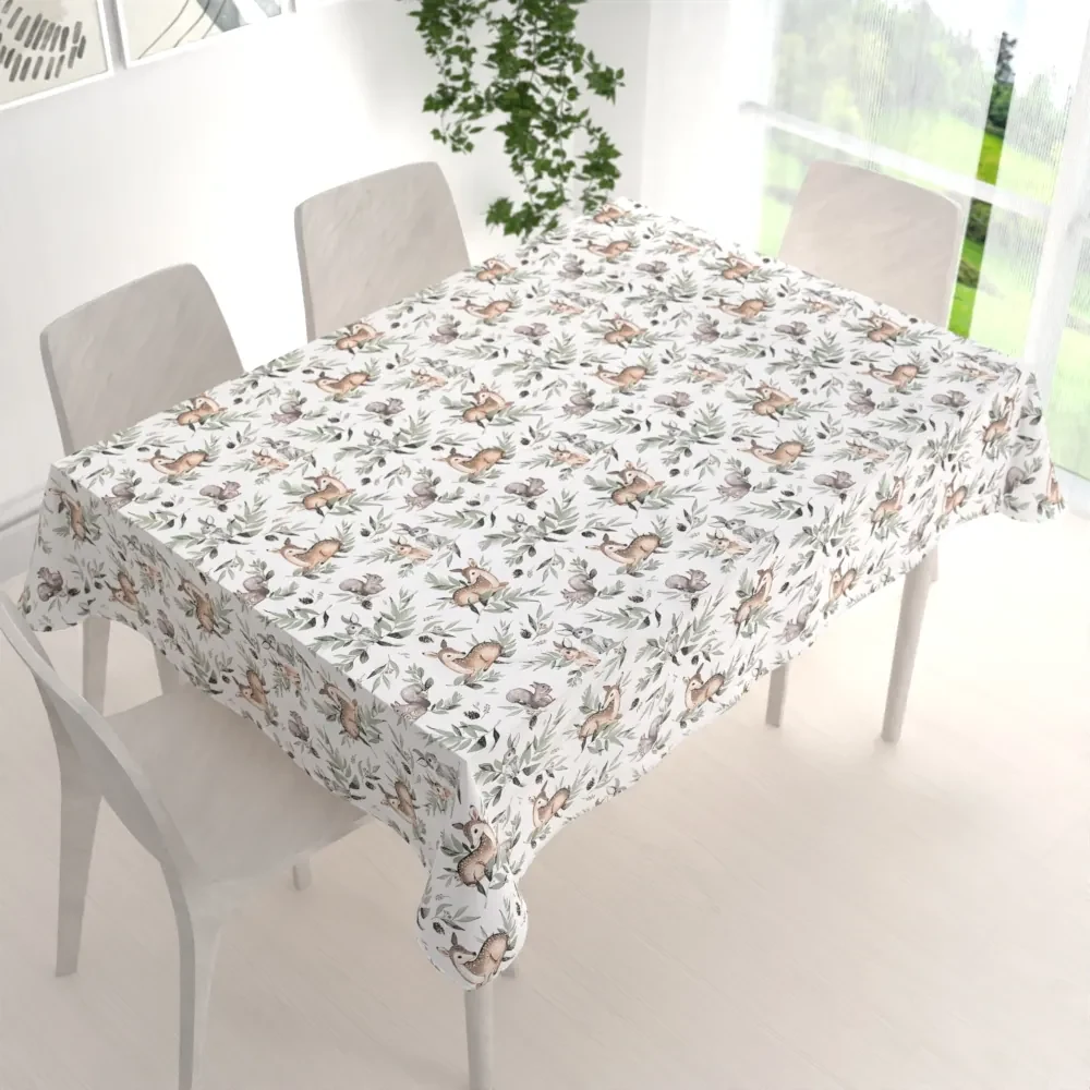 Biante Detský bavlnený obdĺžnikový obrus Sandra SA-455 Srnčekovia zajačikovia a veveričky na bielom 140x200 cm