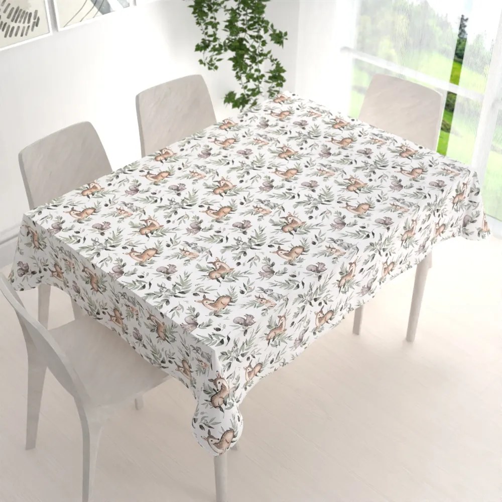 Biante Detský bavlnený obdĺžnikový obrus Sandra SA-455 Srnčekovia zajačikovia a veveričky na bielom 60x100 cm