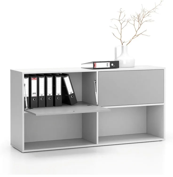Kancelársky policový regál LAYERS, dlhý, 2 boxy, 1582 x 400 x 777, biela / sivá